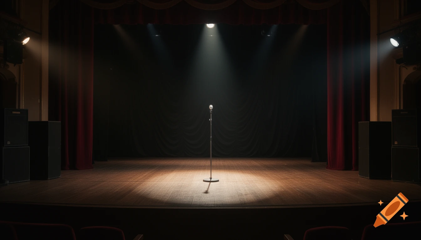 An empty, dramatically lit theater stage with a single microphone at the center, red velvet curtains, and a wooden floor.
