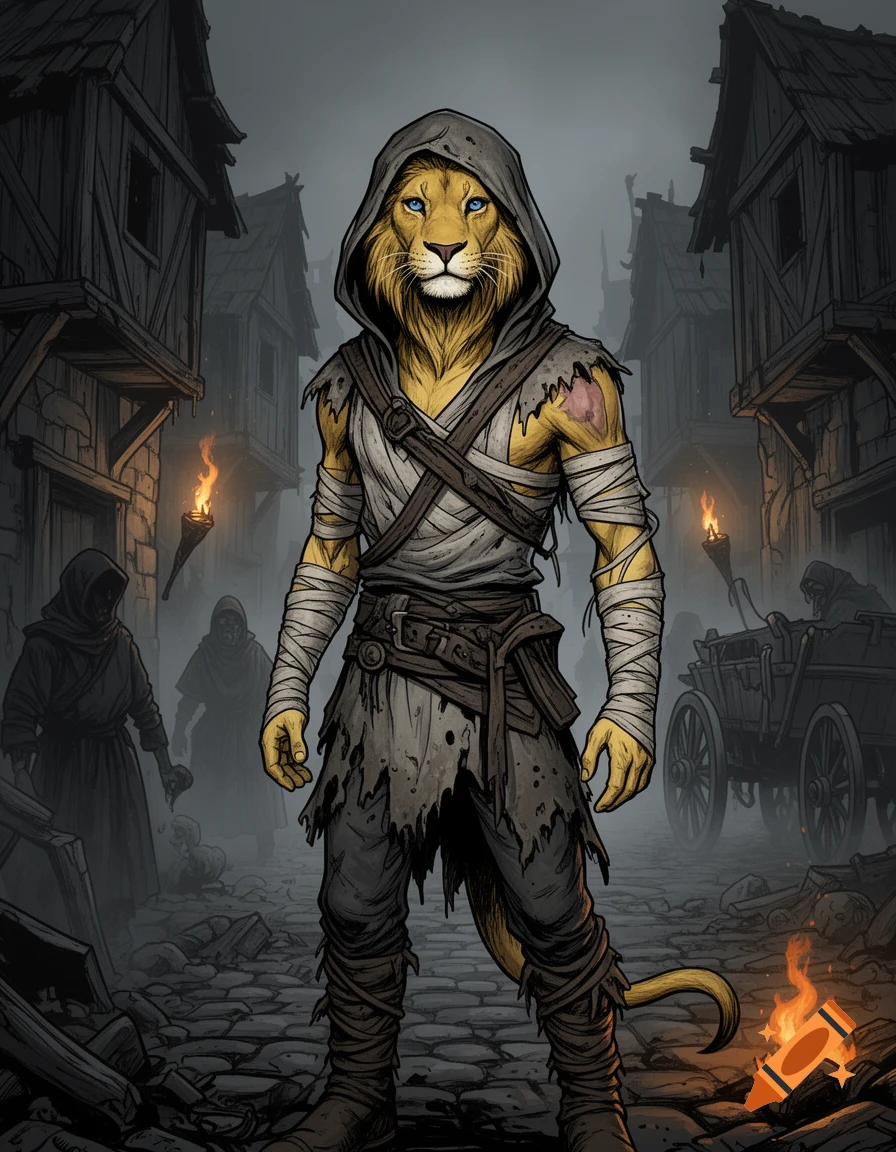 A hooded anthropomorphic lion in tattered rags stands defiantly in a dark, stylized medieval slum with torches and shadowy figures.