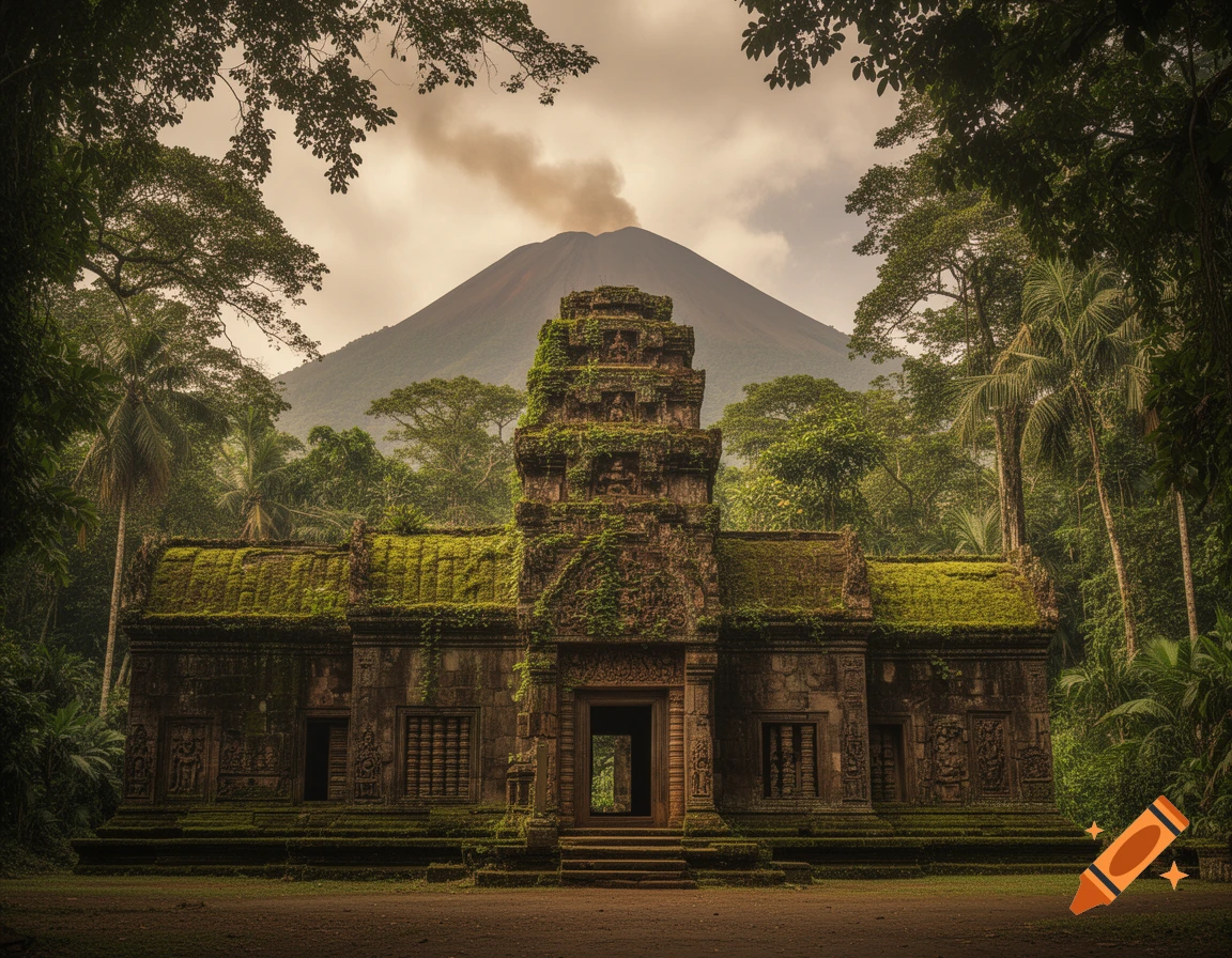An ancient, moss-covered temple stands in a dense jungle, with a smoking volcano in the background under a cloudy sky.