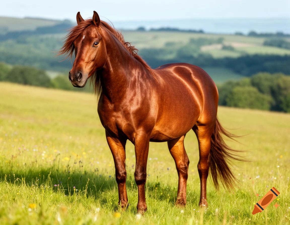 A beautiful brown horse with a flowing mane stands in a sunny green meadow with rolling hills in the background, photorealistic.