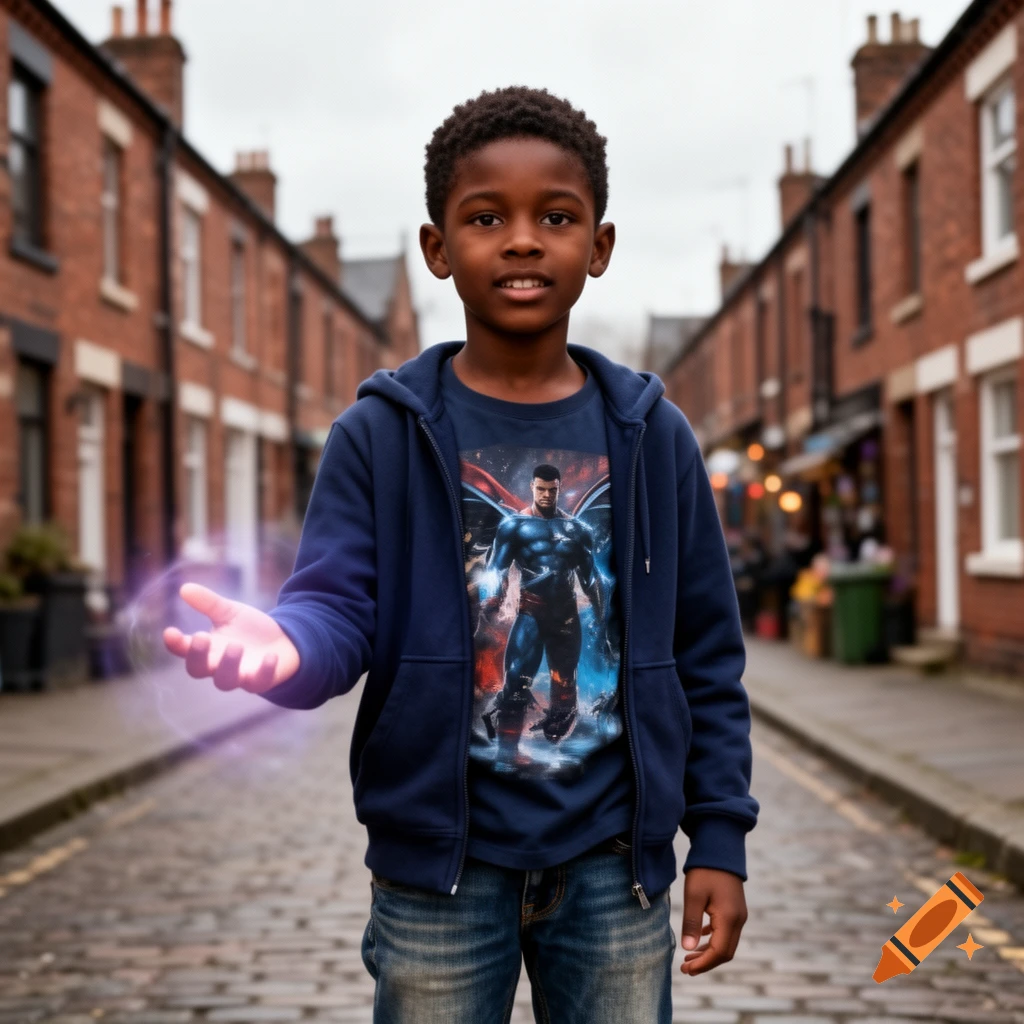 A young Black boy in a blue hoodie and superhero t-shirt stands on a cobblestone street, holding out his hand with a purple glowing orb. Photorealistic.