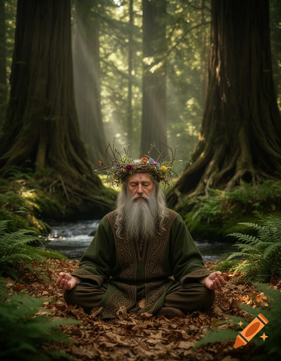 An old druid with a long white beard and a floral crown meditates in a peaceful forest by a stream, sunlight filtering through trees.