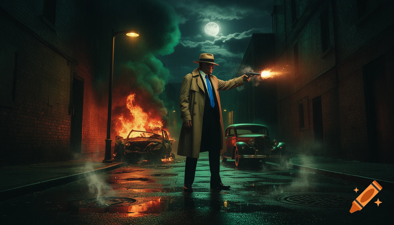 A film noir scene of a gangster in a trench coat firing a pistol on a wet night street with a burning car and a vintage car.
