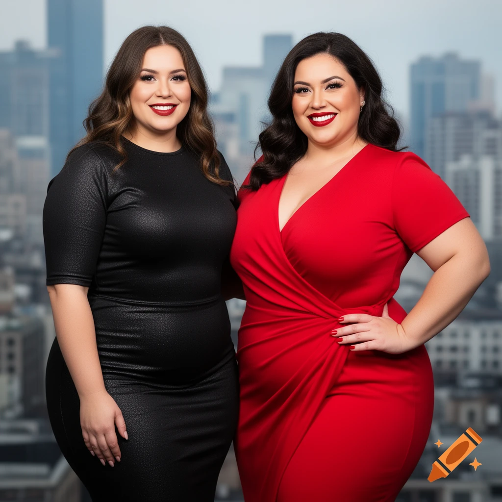 Two smiling, full-figured women, one in a black dress and one in a red dress, stand in front of a blurred city skyline.