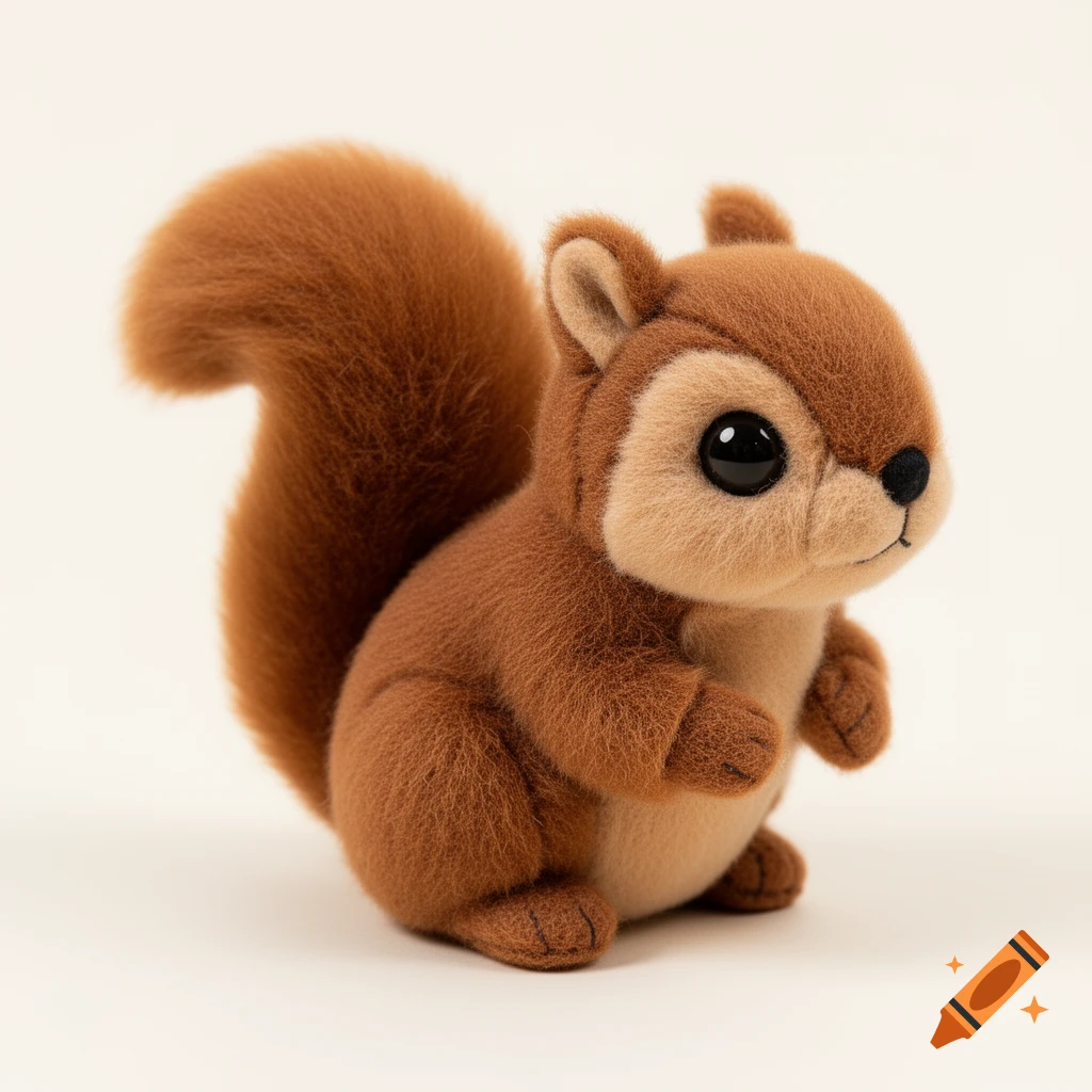 A cute brown squirrel plush toy with large black eyes on a white background.