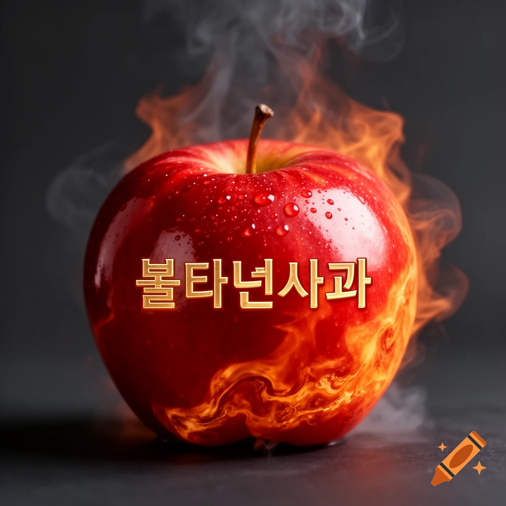 A red apple covered in fire and smoke, with the Korean text ' 불타는사과' written in golden letters on its side, against a dark background.