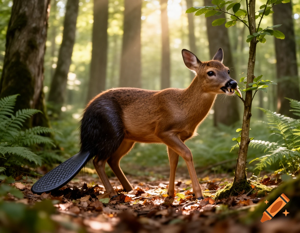 A photorealistic hybrid deer with a beaver tail and prominent teeth eating leaves from a tree in a sunlit forest.