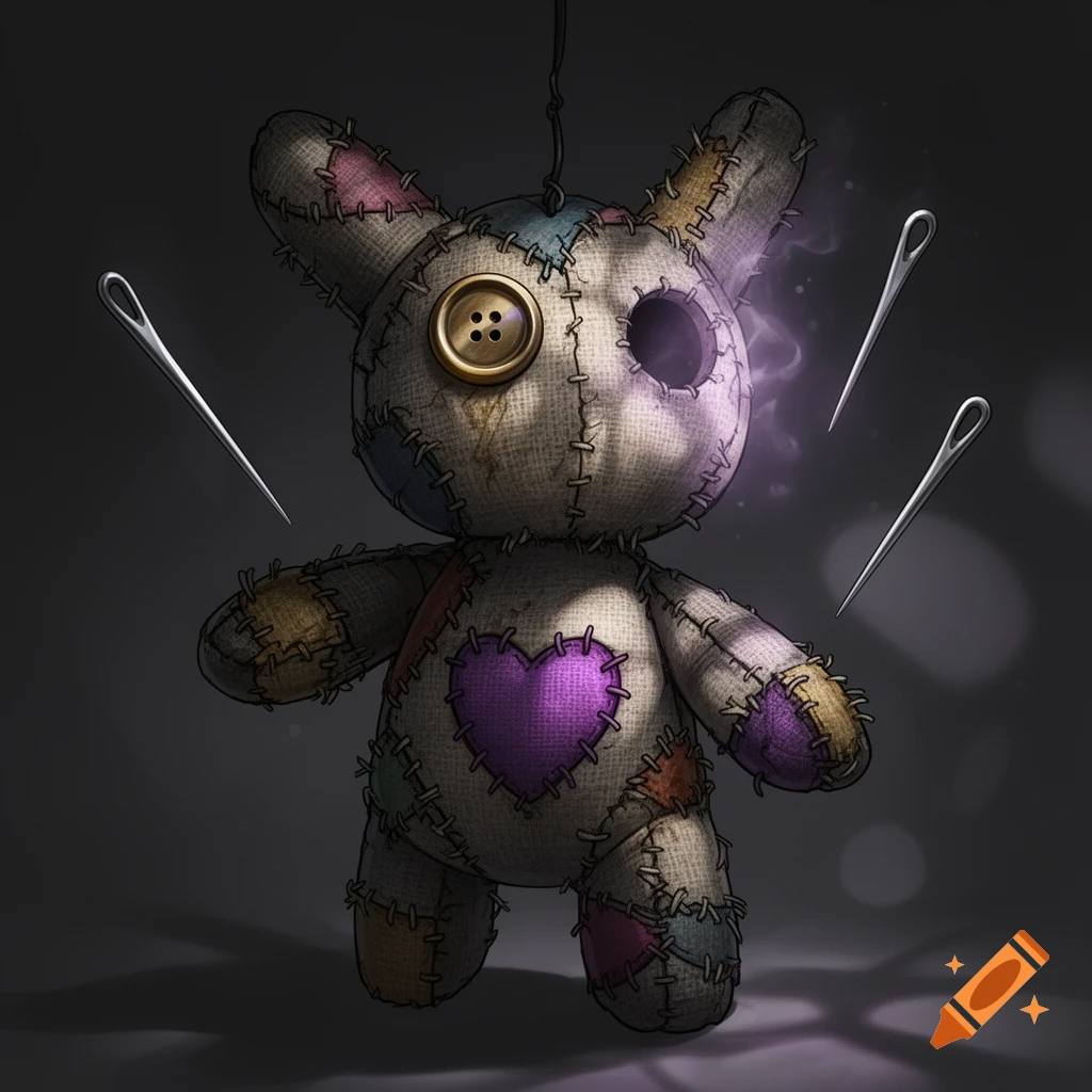 A dark stylized patchwork doll with a button eye, a glowing empty eye socket, a purple heart patch, and floating sewing needles.