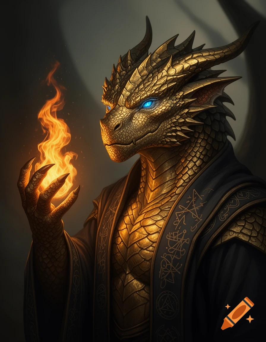 Portrait of a golden dragonborn sorcerer with glowing blue eyes, dark ornate robes, holding a fireball, fantasy art.