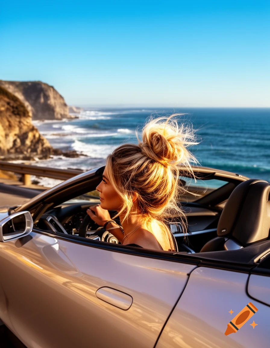 A woman with a messy blonde bun drives a silver convertible along a scenic coastal road at sunset.
