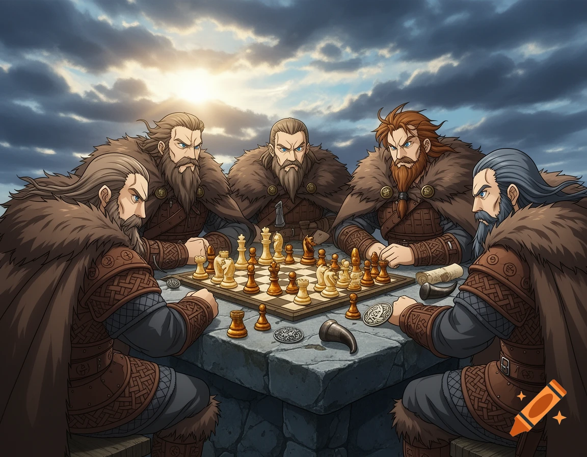 Five bearded Vikings in fur cloaks play chess on a stone table under a dramatic sky, illustrative style.