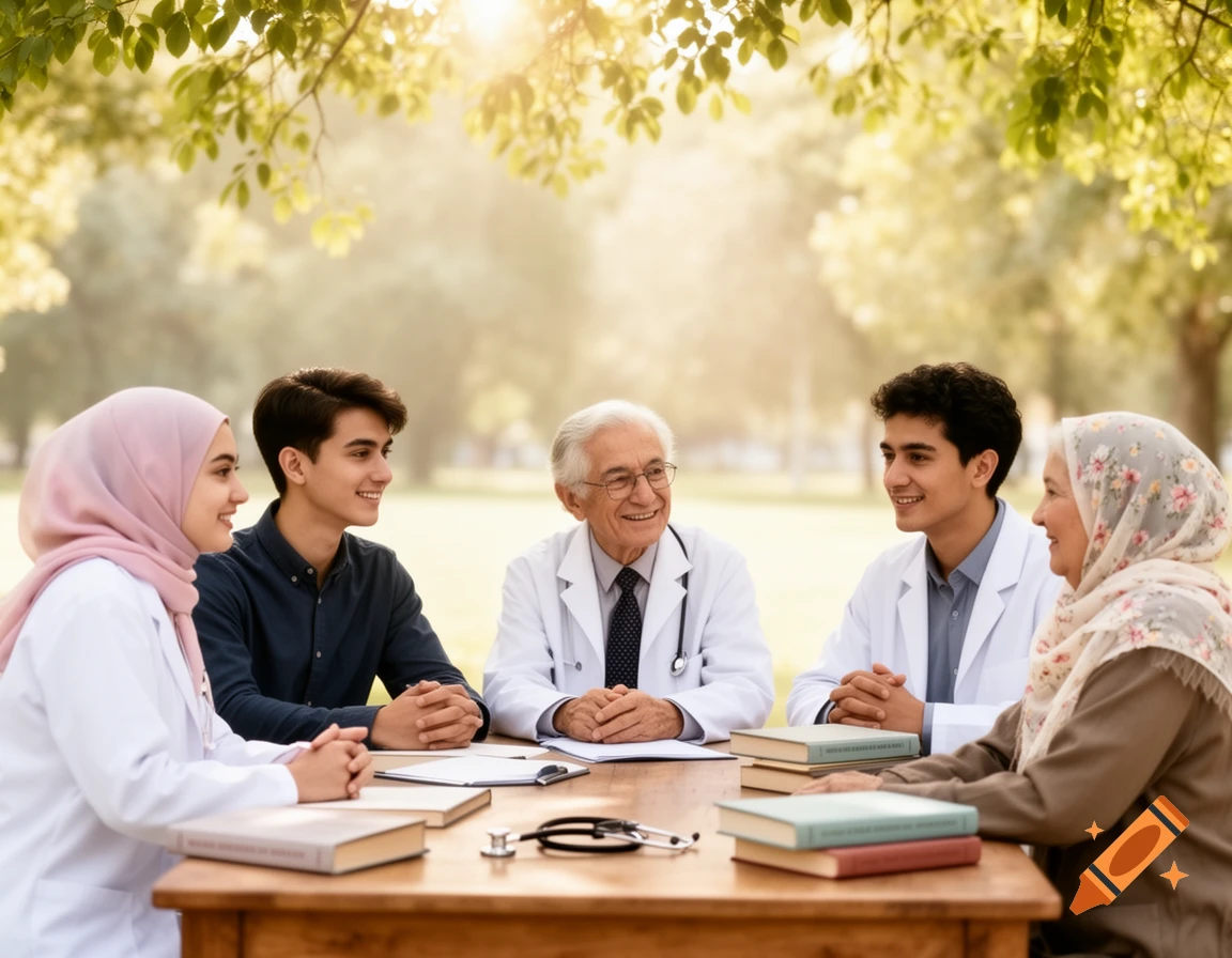 An older male doctor, two young medical students, and two women in hijabs sit around a table outdoors, engaged in conversation.