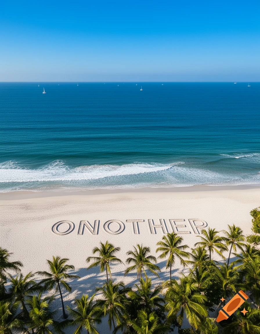 Aerial view of a white sand beach with 'ONOTHER' written in the sand, palm trees, blue ocean, and sailboats.