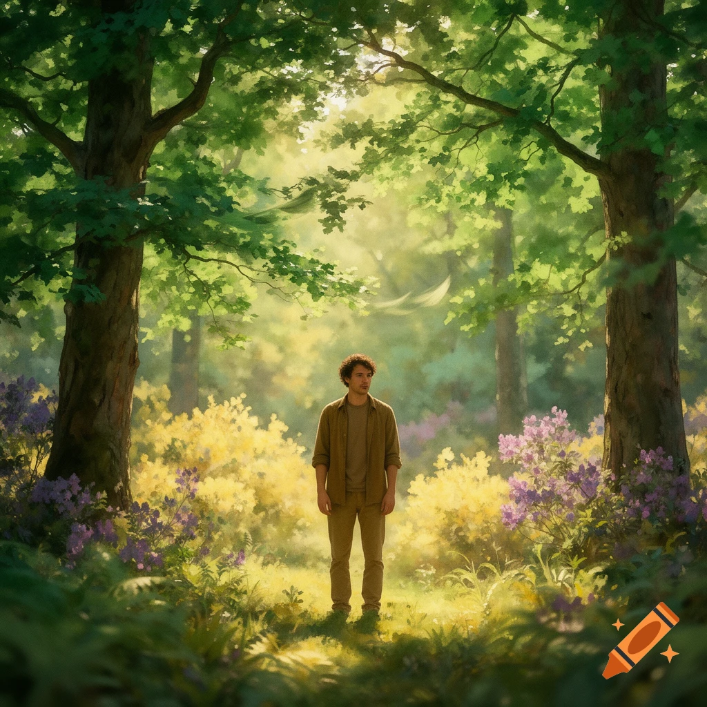 A man with curly hair stands in a vibrant, sunlit forest clearing amidst lush green trees and colorful wildflowers.