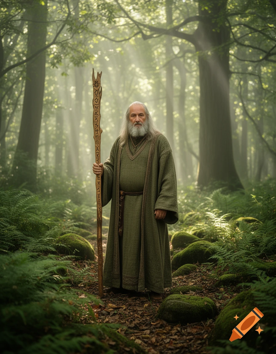 A wise old man with a long beard, dressed in a green robe, holds a carved wooden staff while standing in a mystical, mossy forest with sunbeams filtering through the trees, in a photorealistic style.