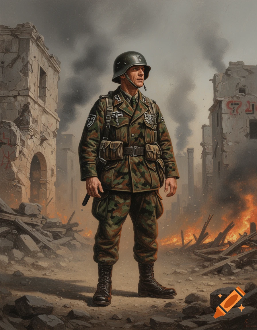 A stoic WWII German paratrooper in camouflage uniform stands amidst burning, ruined buildings under a grey sky, painted in a realistic style.