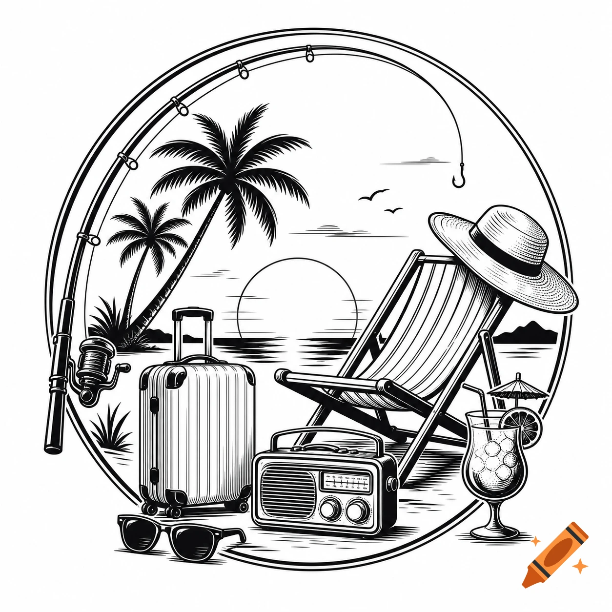 Black and white vector illustration of beach vacation items: palm trees, sunset, fishing rod, deck chair, hat, sunglasses, suitcase, cocktail, radio.