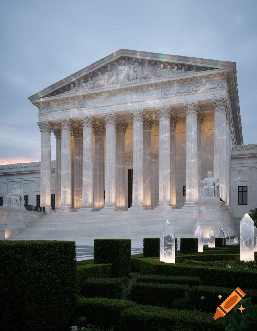 The Supreme Court building with shimmering quartz texture and glowing crystal sculptures in its garden at dusk.