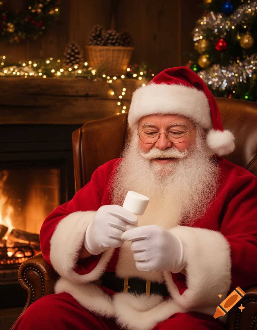 Santa Claus sits in an armchair by a fireplace, smiling and holding a marshmallow, with Christmas decorations in the background.