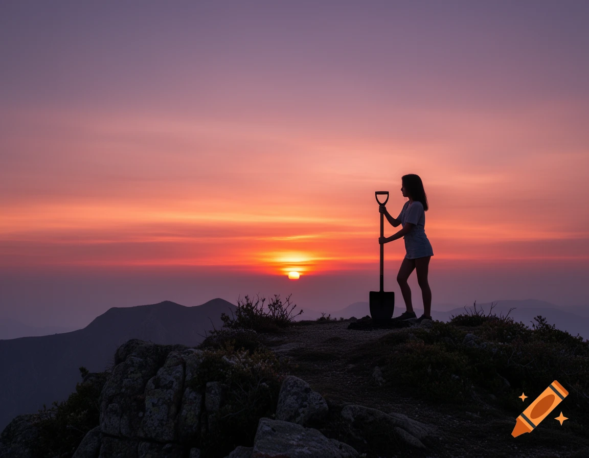 Photorealistic image of a girl holding a shovel on a mountaintop, silhouetted against a vibrant sunset.