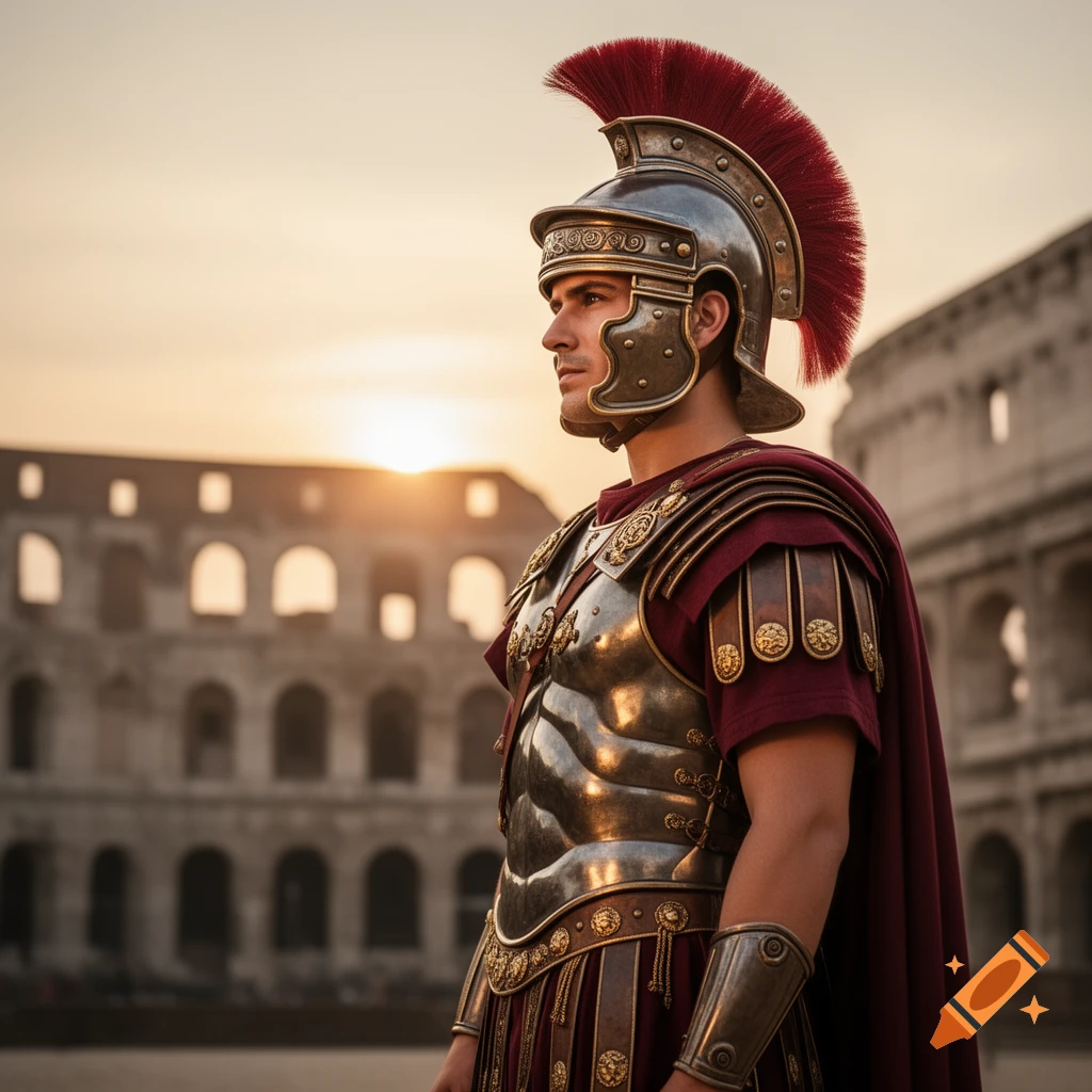 A Roman soldier in full armor and a red-plumed helmet stands facing right, with the Colosseum visible in the background at sunset.