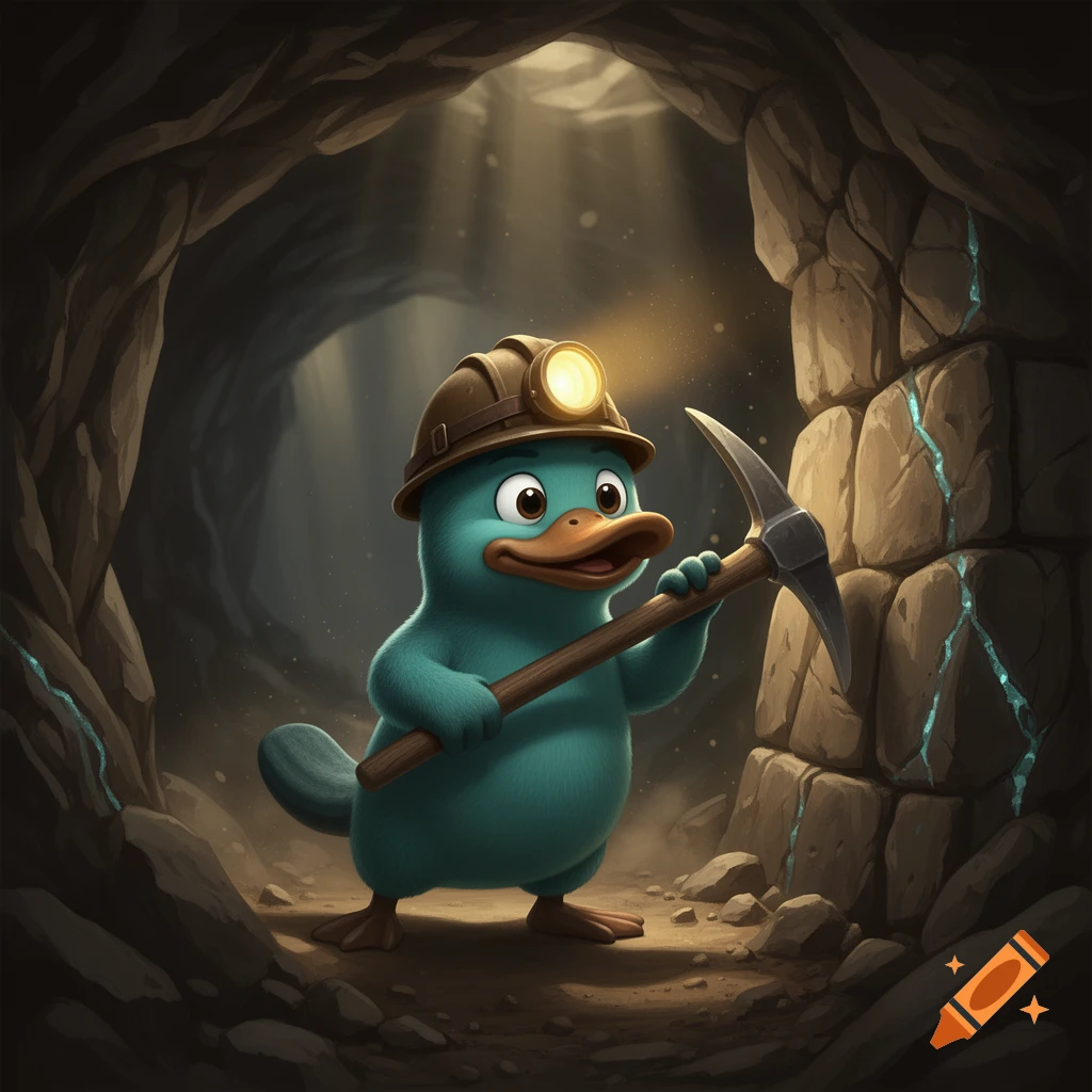 A cute teal cartoon platypus wearing a miner's helmet with a headlamp, holding a pickaxe in a dimly lit mine.