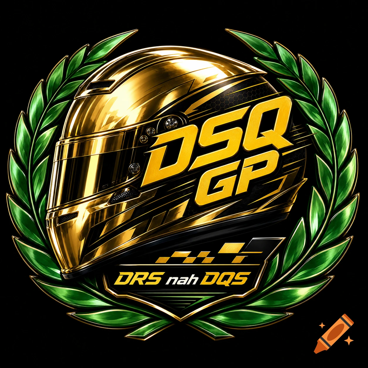 A golden racing helmet with "DSQ GP" and "DRS nah DQS" text, surrounded by a green victory wreath on a black background.
