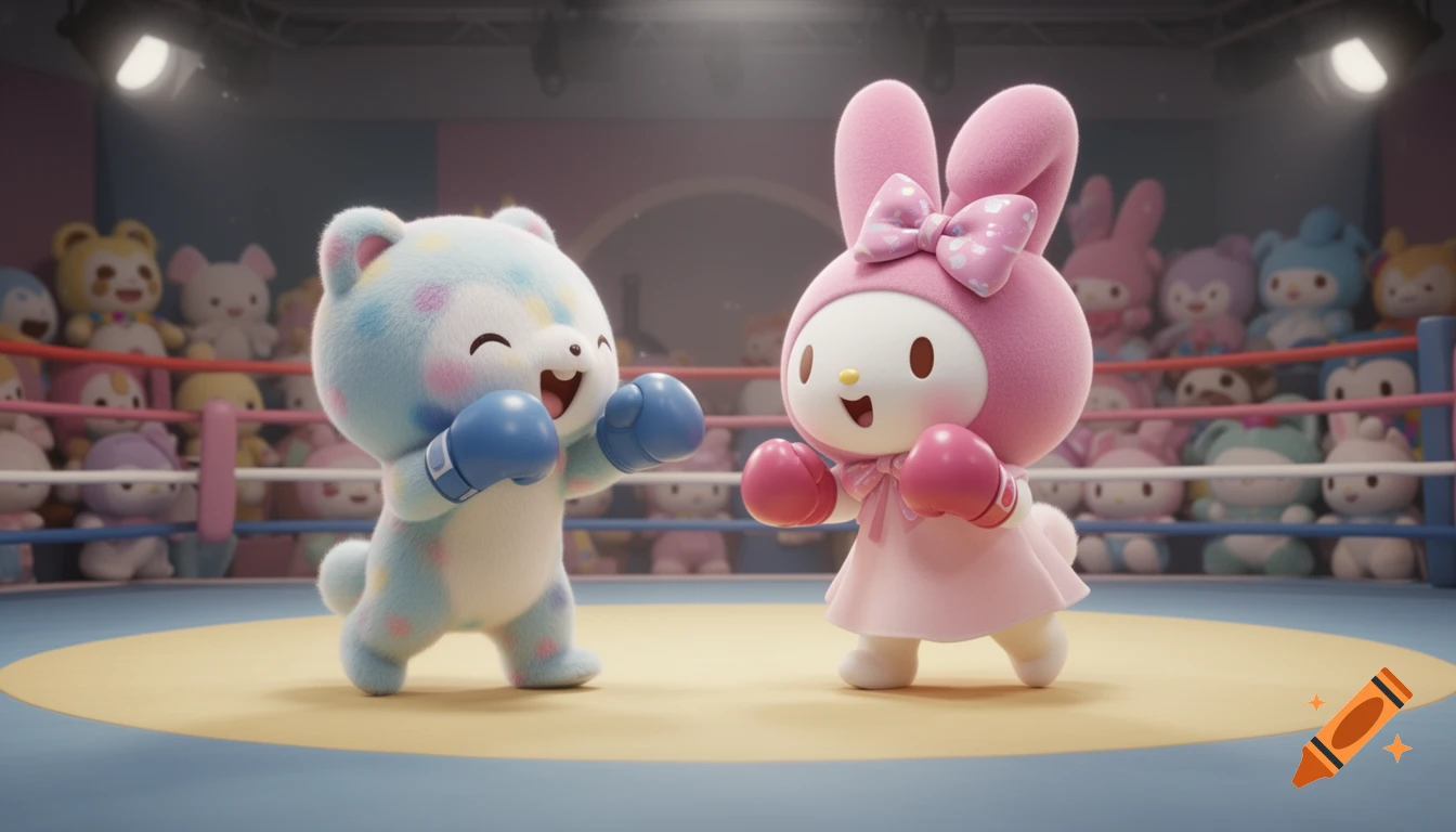 My Melody and a spotted bear plush toy in boxing gloves face off in a ring with a plush audience.