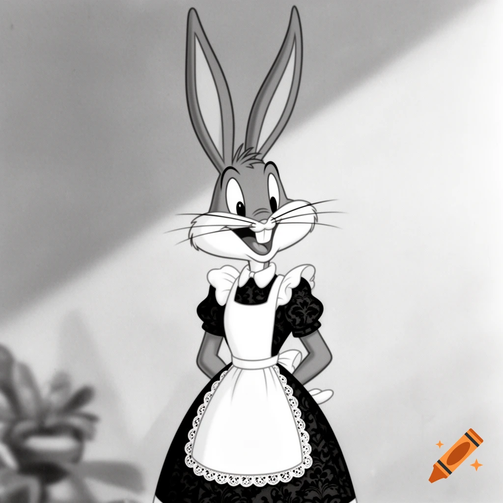 Bugs Bunny, a gray rabbit, smiles broadly in a classic cartoon style, wearing a black and white maid outfit with a frilly apron.
