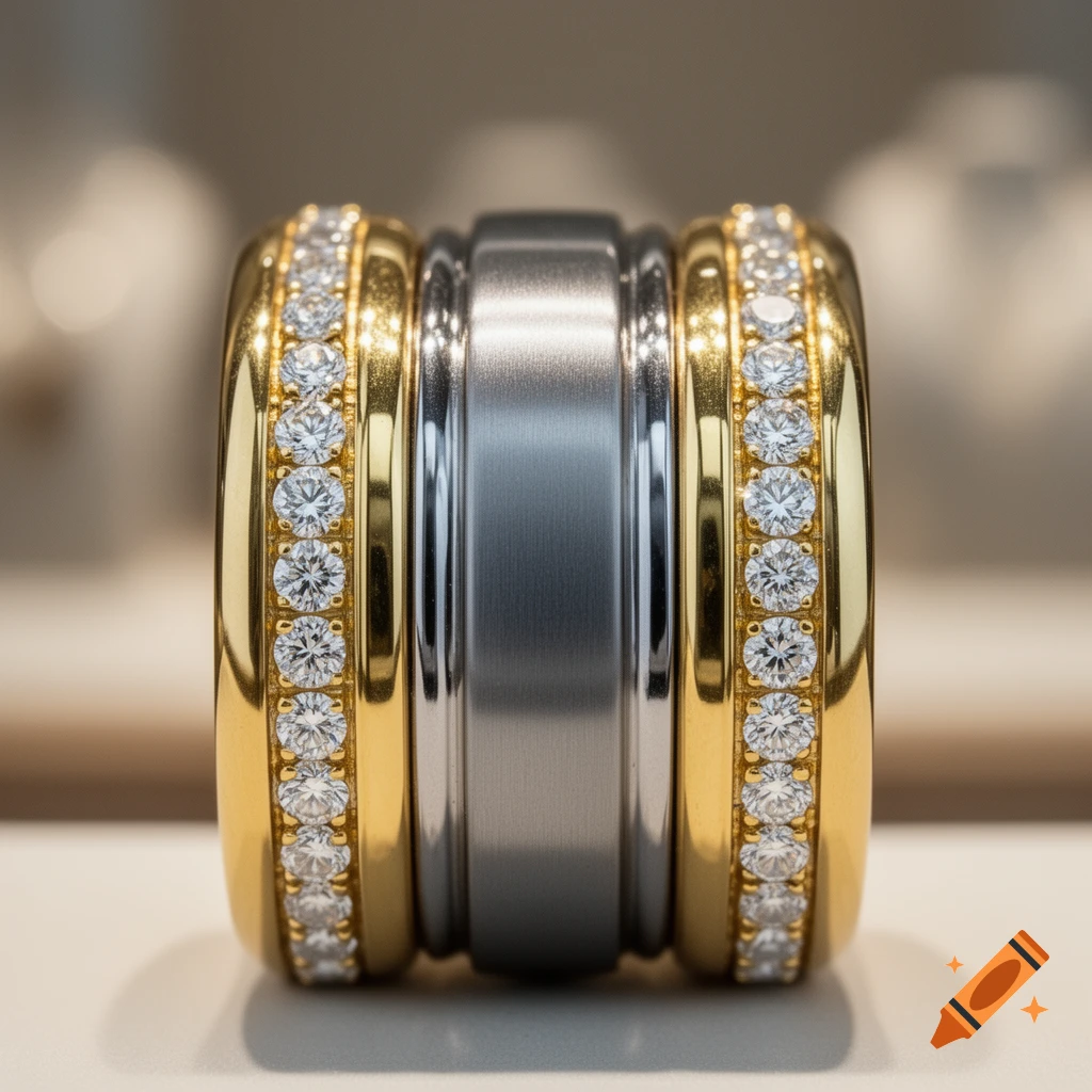 A close-up, high-detail shot of a ring featuring a central matte silver band flanked by polished gold bands inlaid with diamonds.