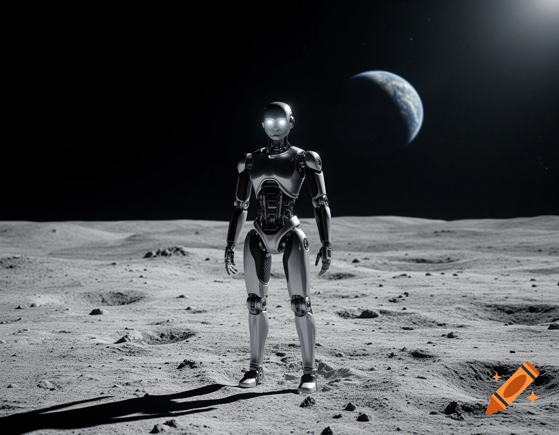 A photorealistic robot with glowing eyes stands on a desolate lunar landscape under a dark sky with Earth visible.
