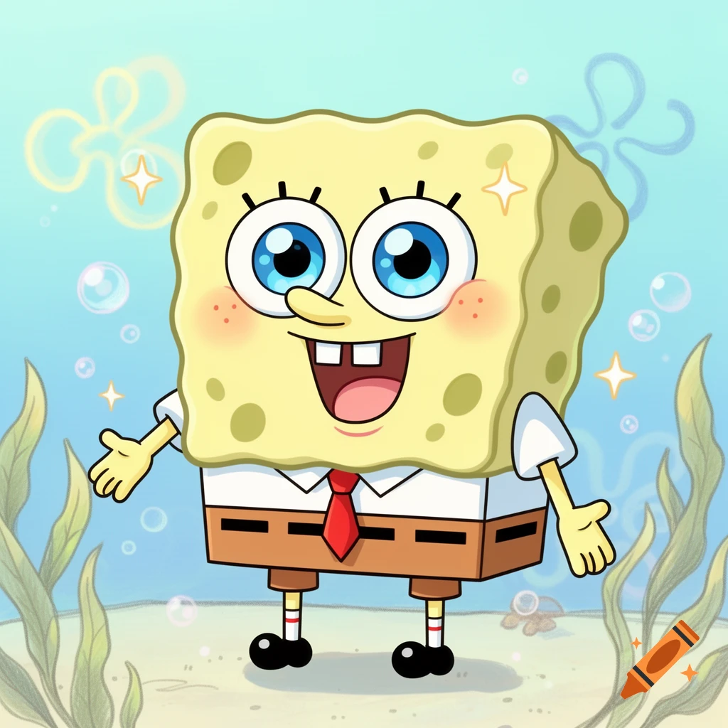 A cute illustration of Spongebob Squarepants with big blue eyes, rosy cheeks, and sparkling details, underwater with seaweed and bubbles.
