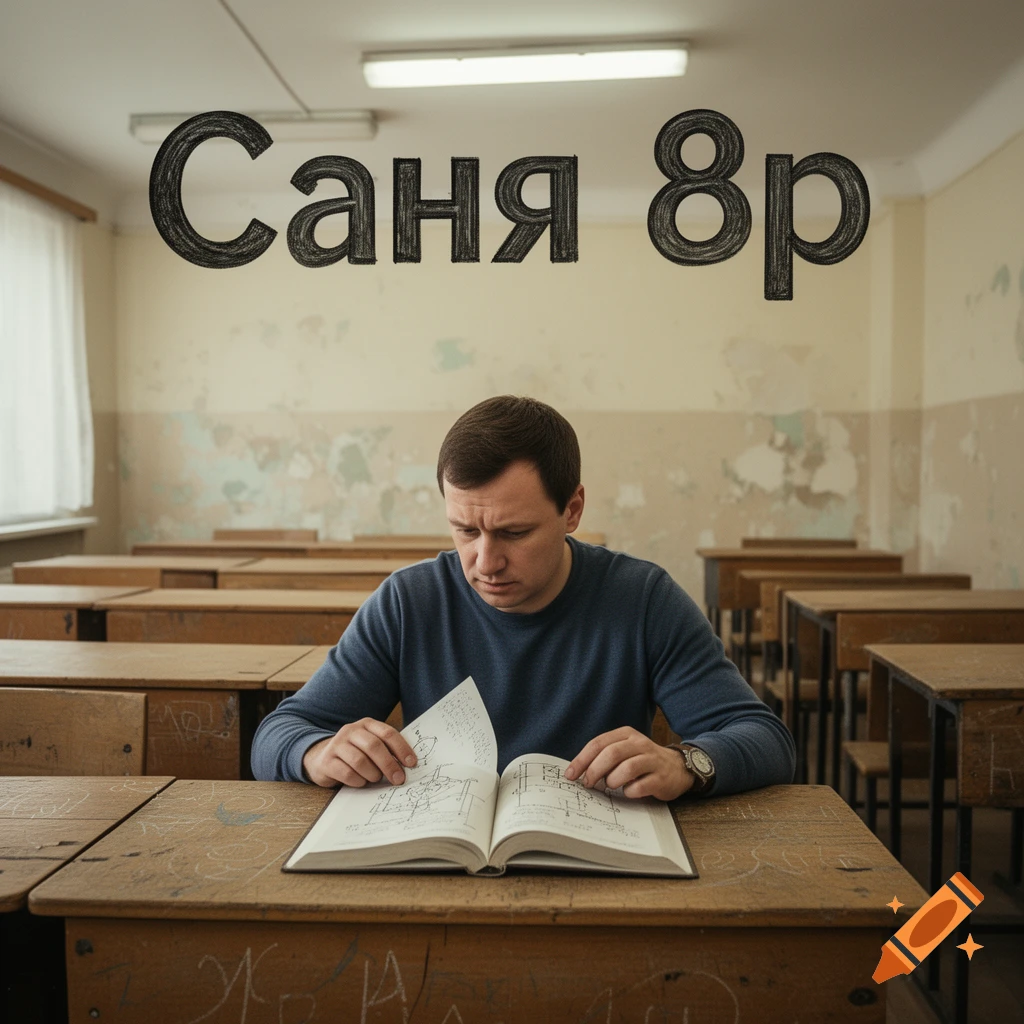 A man in a blue sweater studies a book with diagrams at a wooden desk in an old classroom, with 'Саня 8р' text above him.
