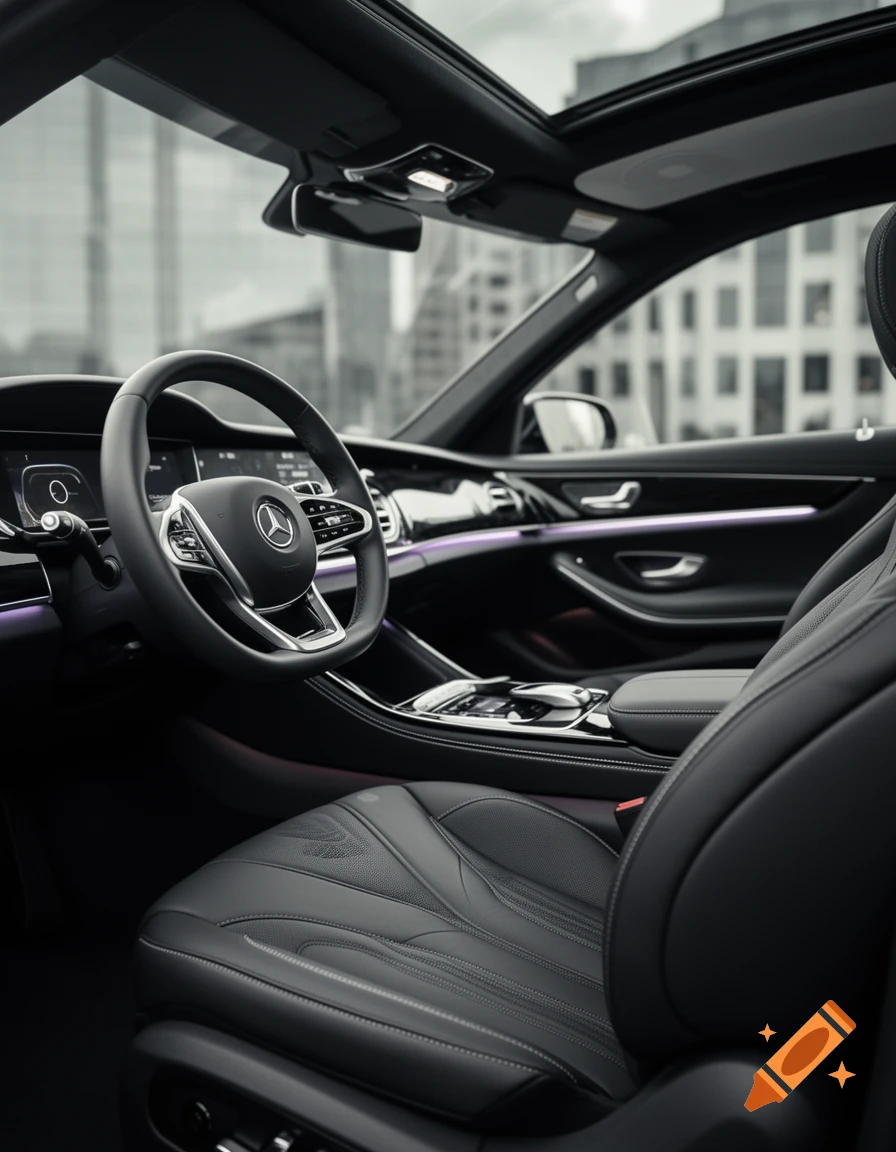 Photorealistic interior of a luxury Mercedes-Benz car, featuring a leather steering wheel, digital displays, and plush seating.