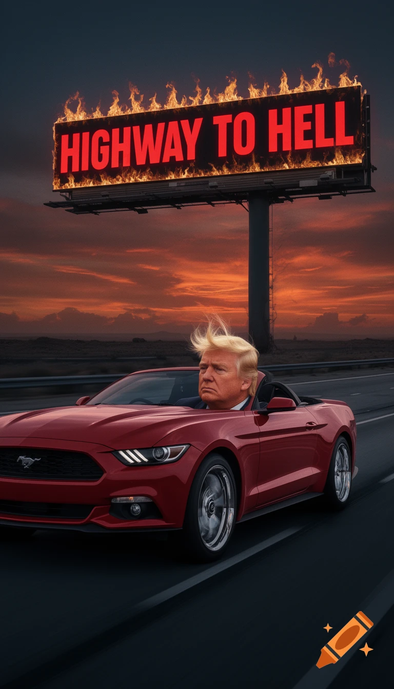 Donald Trump, with exaggerated hair, drives a red convertible Mustang on a highway at sunset, past a burning billboard reading 'HIGHWAY TO HELL'.