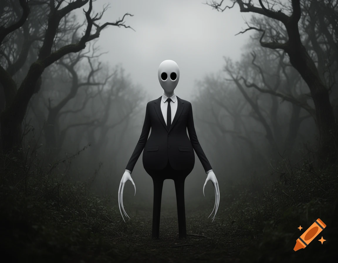 A tall, slender figure resembling Slender Man in a black suit stands in a dark, foggy forest. Horror style.