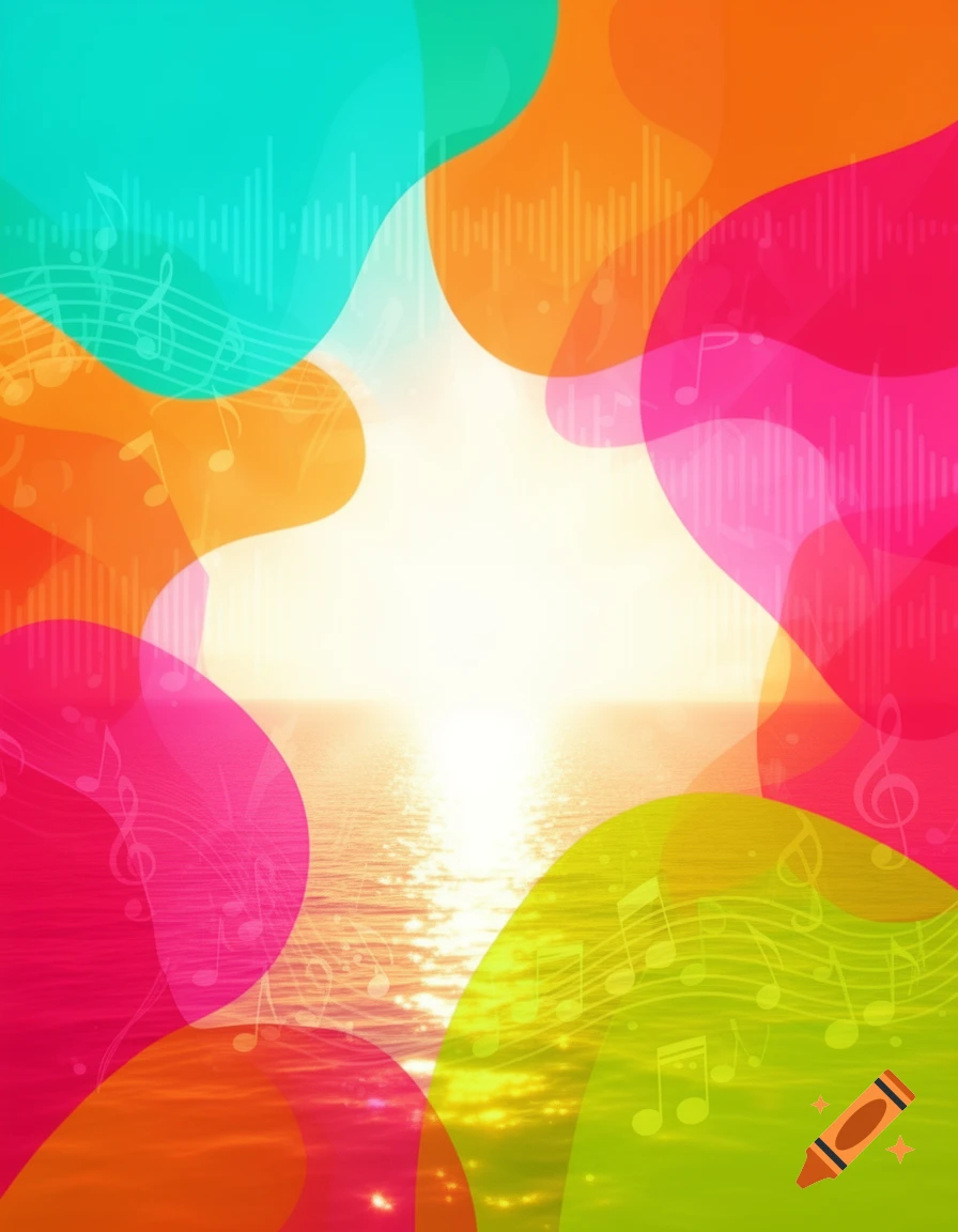 Vibrant abstract background with colorful flowing shapes, musical notes, sound waves, and a bright sun over a sparkling ocean.