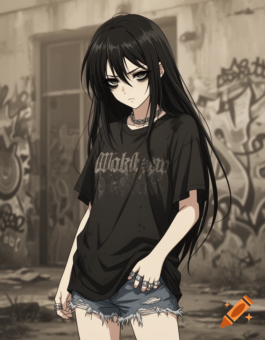 An anime girl with long black hair, heavy eyeliner, and an oversized black band t-shirt, ripped denim shorts, and rings, stands in front of a graffiti-covered wall.