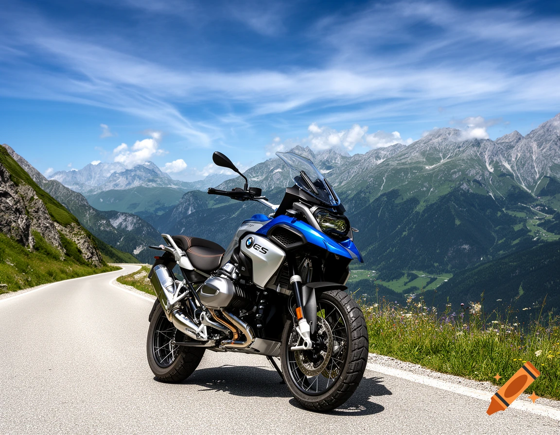 A blue and silver BMW R 1300 GS motorcycle parked on a winding mountain road with majestic peaks under a clear sky.
