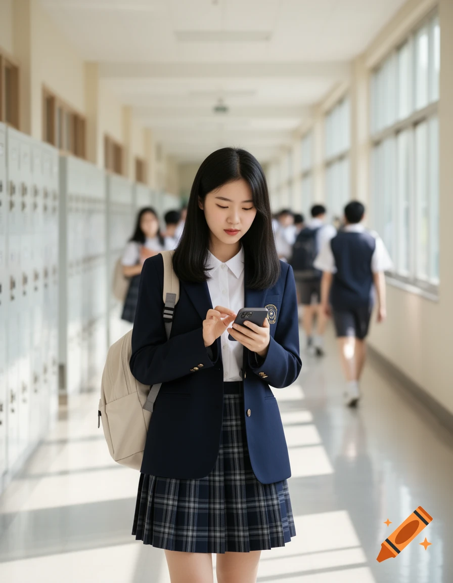 A young Asian female student in a navy blazer, plaid skirt, and white shirt stands in a school hallway, looking at her phone.