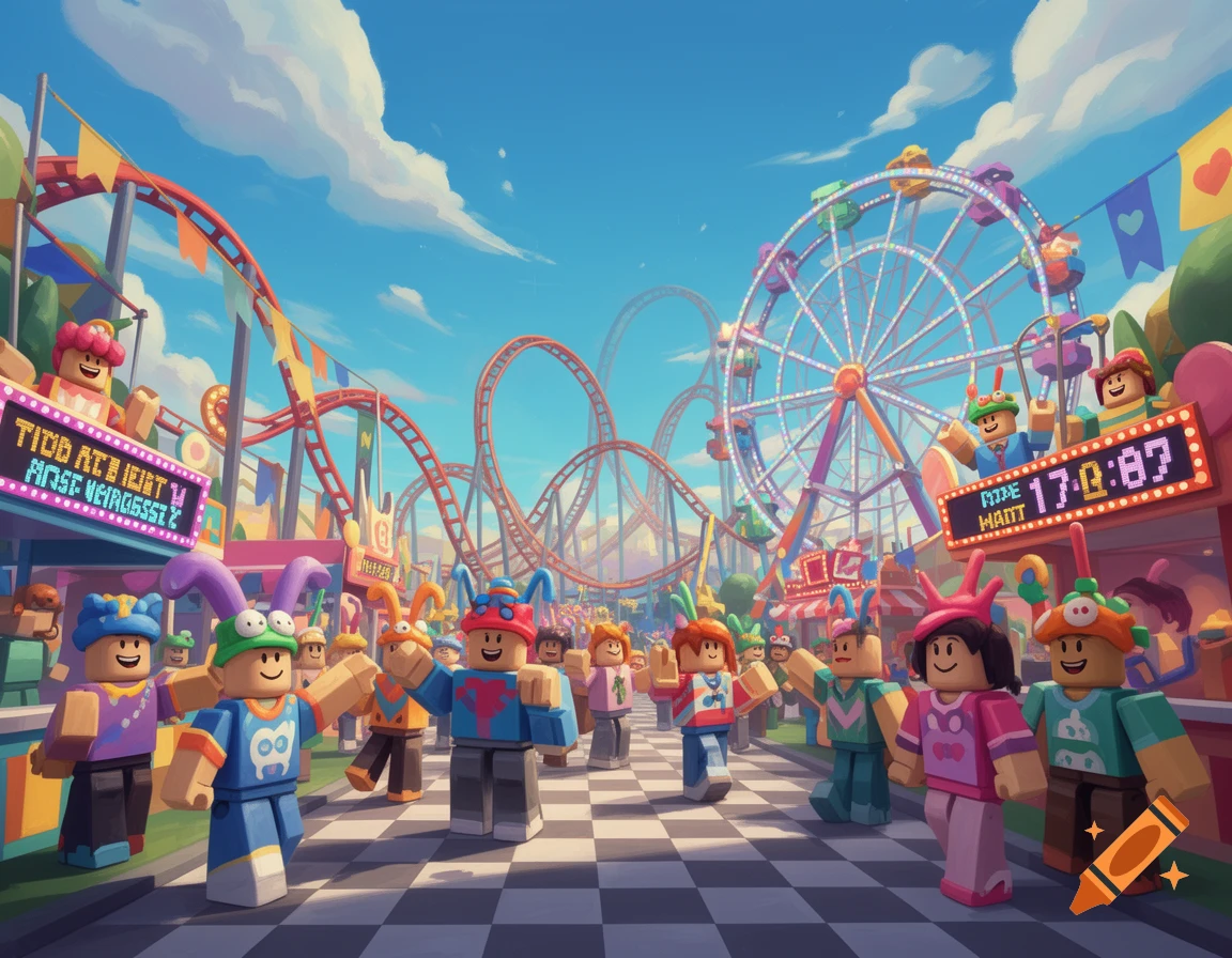 Colorful illustration of blocky Roblox characters at a bustling theme park with rollercoasters and a large Ferris wheel under a blue sky.