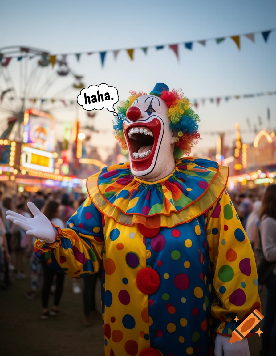 A colorful clown with an open mouth and a "haha." speech bubble stands in a bustling carnival.