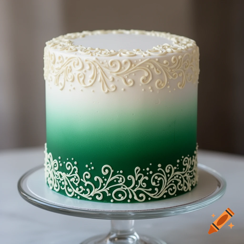 An elegant emerald green and white ombré cake with delicate white piping on a glass cake stand.