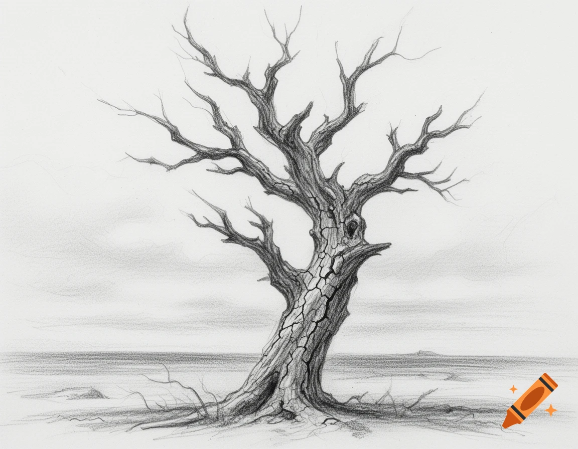 A detailed pencil sketch of a gnarled dead tree with bare branches standing in a barren landscape.