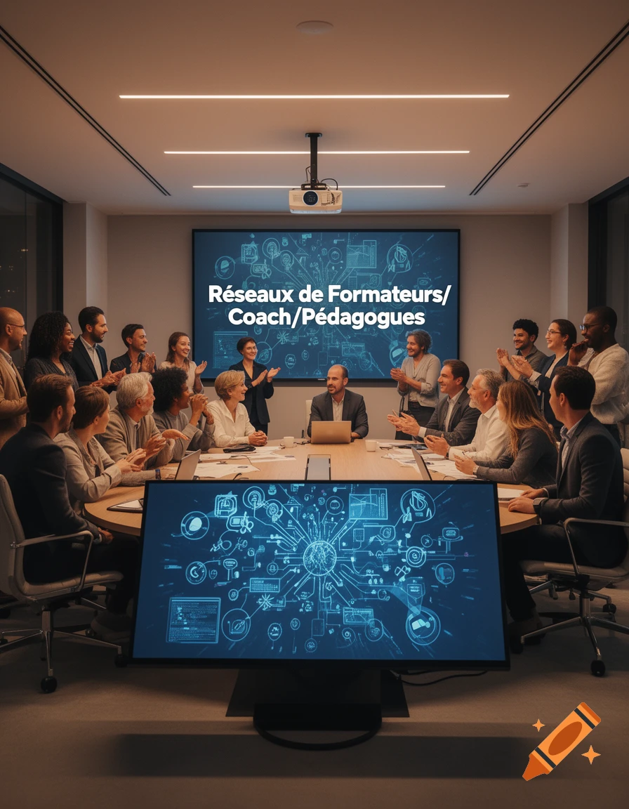 A professional group of diverse individuals applauding in a modern, dimly lit conference room, with 'R és eaux de Formateurs/ Coach/P édagogues' displayed on a large screen.