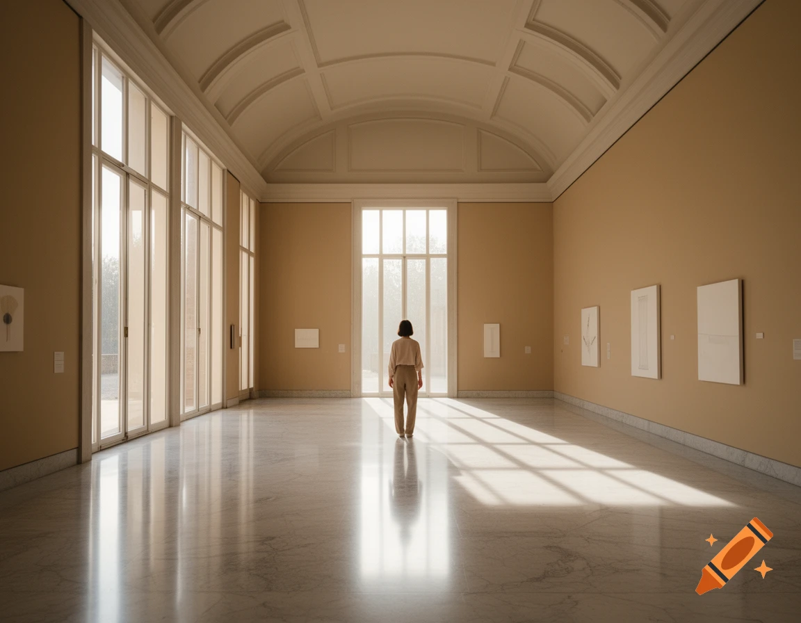 A lone person stands looking out a tall window in a vast, empty museum hall with a marble floor, bathed in natural light.