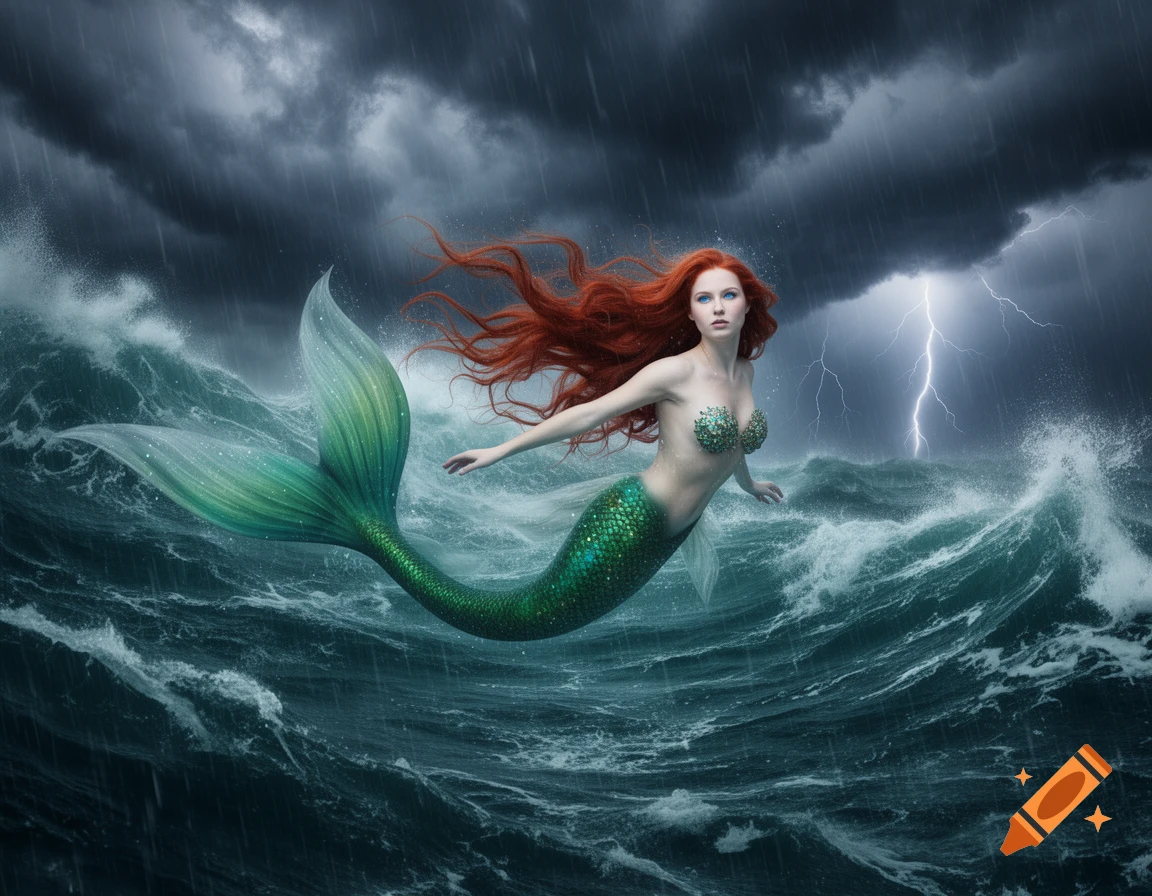 A red-haired mermaid with a green tail swims through a raging stormy ocean under a lightning-filled sky.