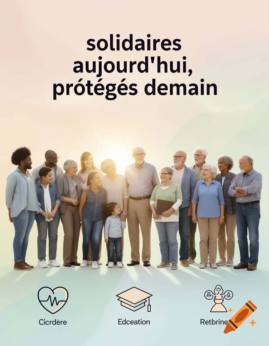 A diverse group of people of all ages standing together under the slogan "solidaires aujourd'hui, protégés demain" (united today, protected tomorrow).