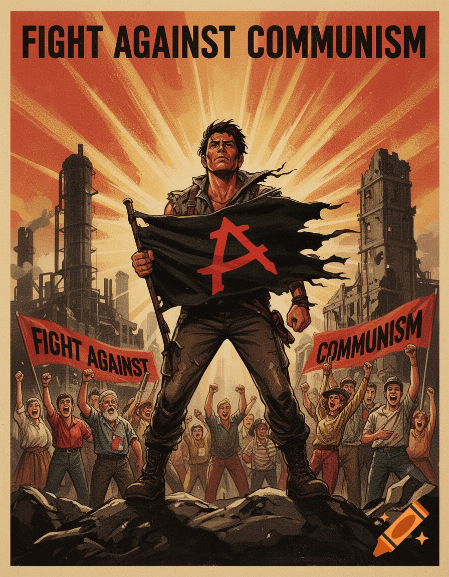 A stylized propaganda poster shows a defiant man holding a tattered black anarchist flag over a cheering crowd in industrial ruins, with text "FIGHT AGAINST COMMUNISM".