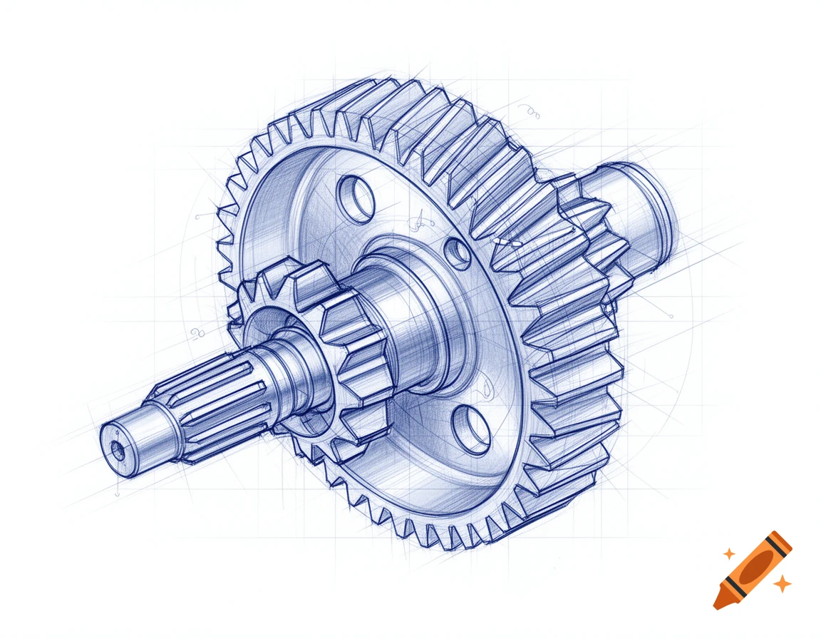 Blue blueprint sketch of an automobile pinion and crown wheel gear assembly on a white background with grid lines.